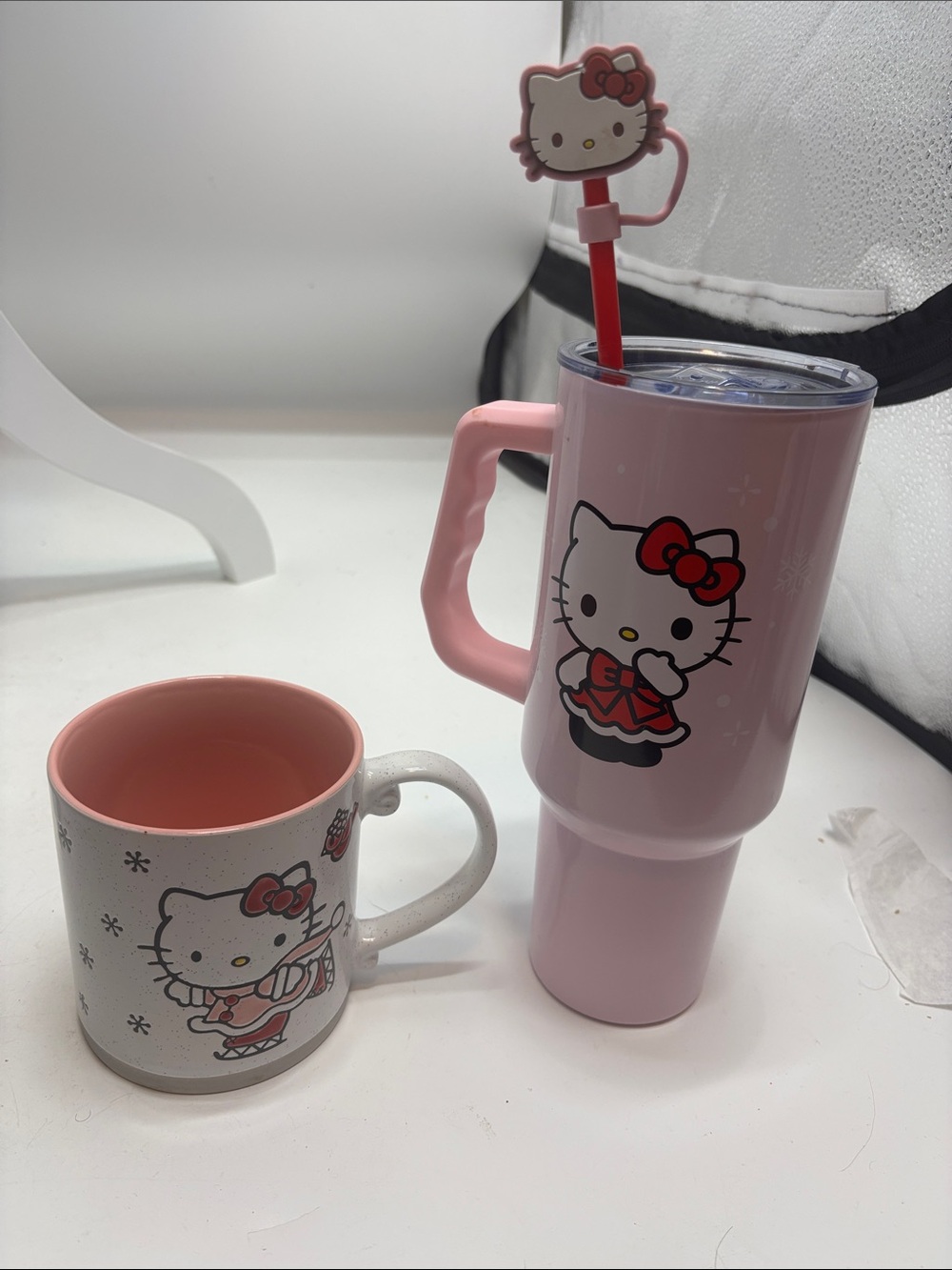 Hello Kitty Pink Travel Tumbler and Ceramic Mug Set with Red Accent brand new